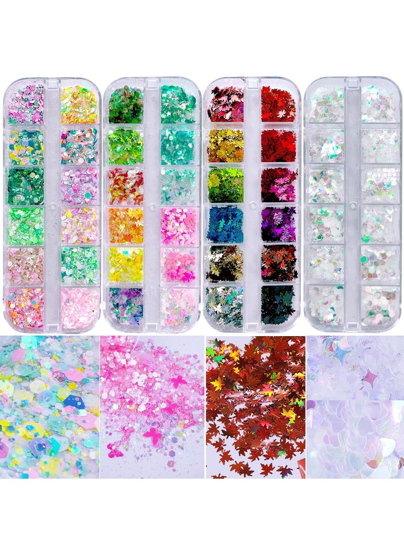 AddFavor 4 Boxes Nail Glitter Holographic Maple Chunky Glitter Flakes Mixed Shaped Flower Heart Star Iridescent Nail Sequins Decals for Fall Nail Art/False Eyelash Decor Supplies