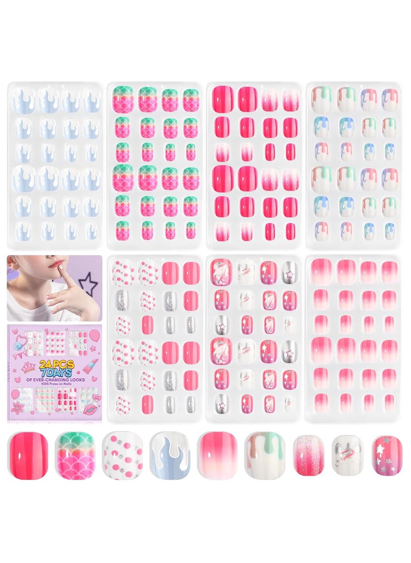SAVILAND 168Pcs 7 Pack Press on Nails for Kids Children Fake Nails Stick on Nails Pre-glue Full Cover Glitter Gradient Color Star Short Acrylic Nail Tips Nail Art Christmas Gifts for 8-12 Year Kids