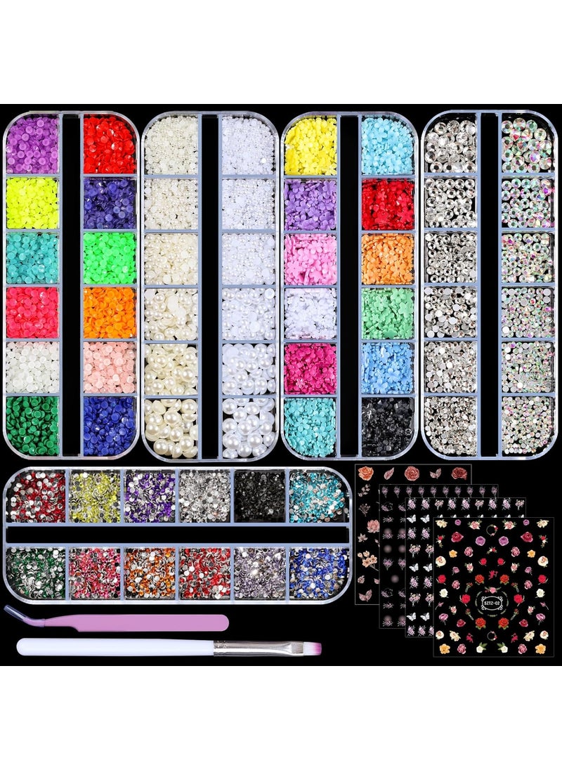 5 Boxes Shiny Colorful Nail Art Rhinestones Nail Stone Gems Design Kit and 4 sheets flower nail art stickers with a Curved Tweezers and a Nail Brush (6-rhinestones kit-3)