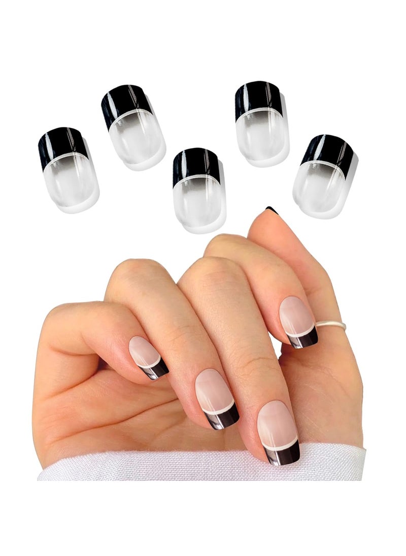 Semi Cured Gel Nail Strips Black French Tip Nail Stickers Works With UV Lamp - Easy Application & Long Lasting - Includes Prep Pads & Nail File - Instant Salon-Quality Nails - 20 Pcs