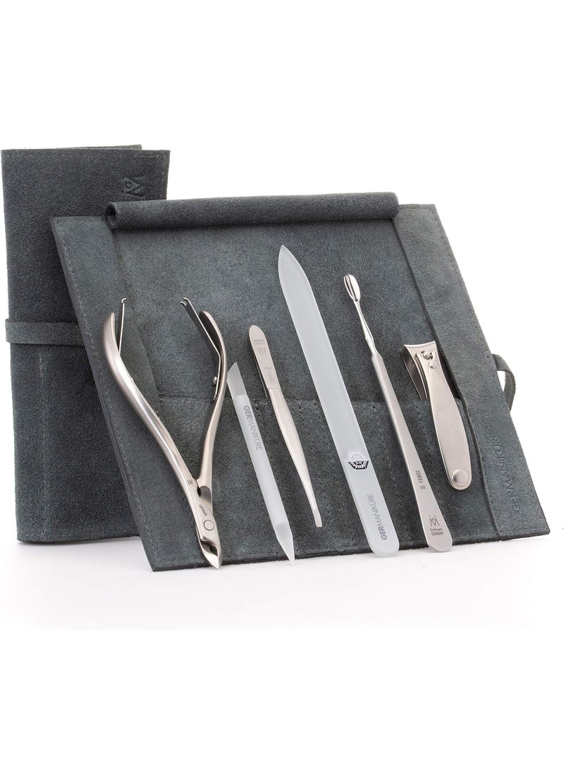 GERMANIKURE 6pc Manicure Set in Gray Suede Case - FINOX Stainless Steel Tools Made in Germany, Glass Nail Care Supplies Made in Czech Republic – Professional Cuticle and Nail Care Kit