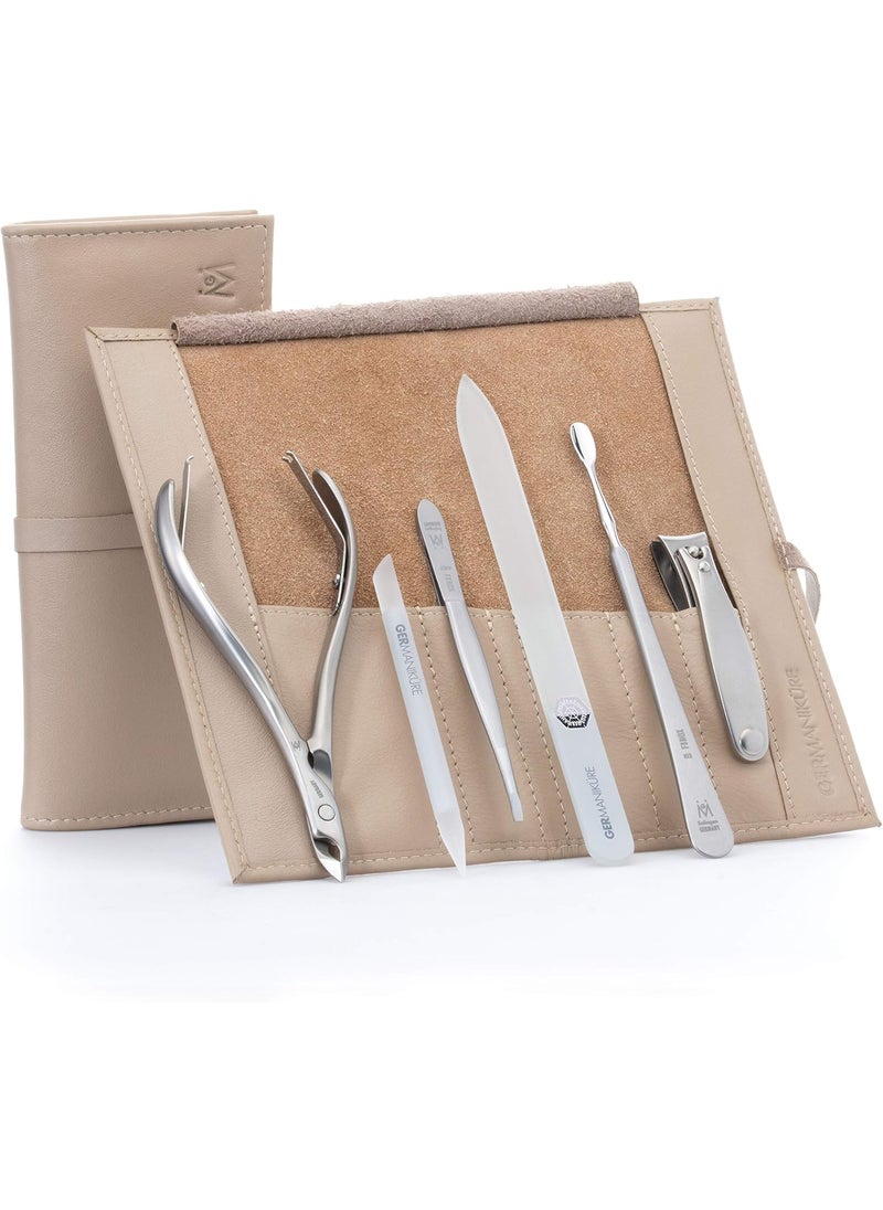 GERMANIKURE 6pc Manicure Set in Beige Leather Case - FINOX Stainless Steel Tools Made in Germany, Glass Nail Care Supplies Made in Czech Republic – Professional Cuticle and Nail Care Kit