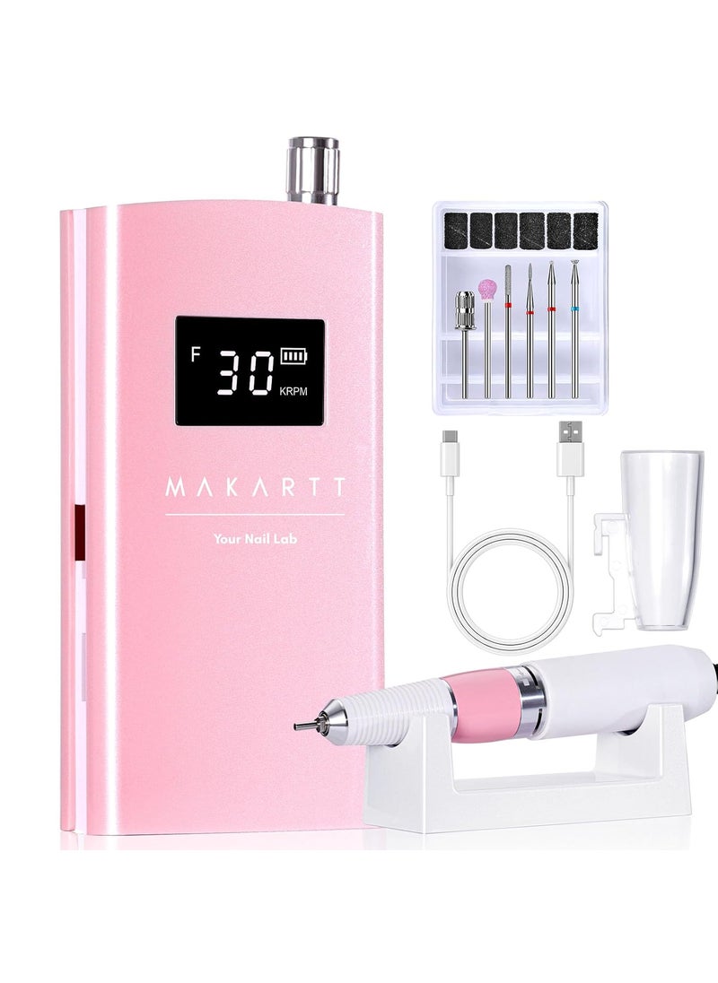 Makartt Electric Nail Drill, 30000RPM Rechargeable E File, Perlarie Pearly Pink Portable Nail Grinder with Drill Bits & Sanding Bands for Manicure Salon Home Use