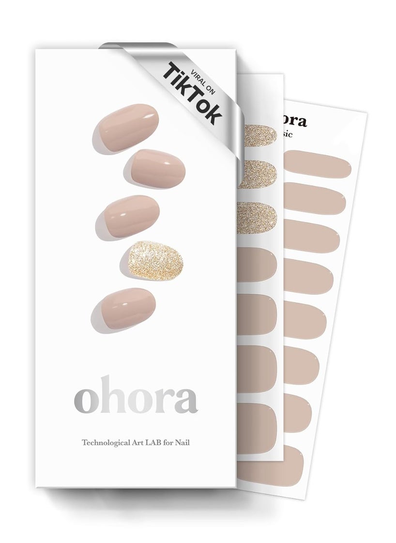 ohora Semi Cured Gel Nail Strips (N Nudist) - Nude, Solid, Works with Any UV/LED Lamps, Salon-Quality, Long Lasting, Easy to Apply & Remove - Includes 2 Prep Pads, Nail File & Wooden Stick