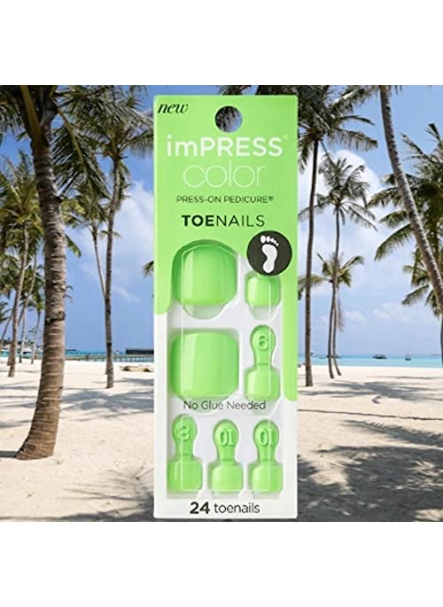 Impress Kiss Color Press-On Bright Shiny Neon Green Pedicure Toe Nails IMT503X Feelings