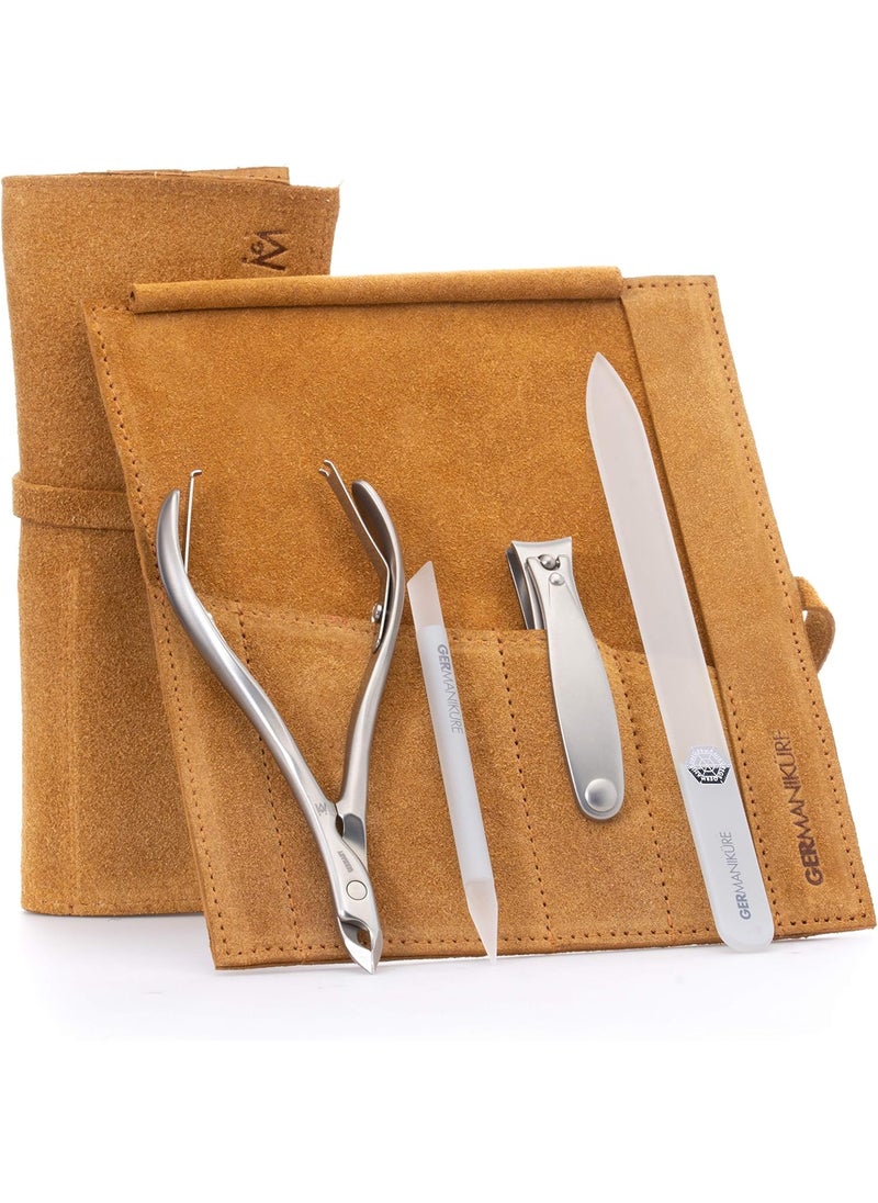 GERMANIKURE 4pc Manicure Set in Yellow Suede Case - FINOX Stainless Steel Tools Made in Germany, Glass Nail Care Supplies Made in Czech Republic – Professional Cuticle and Nail Care Kit