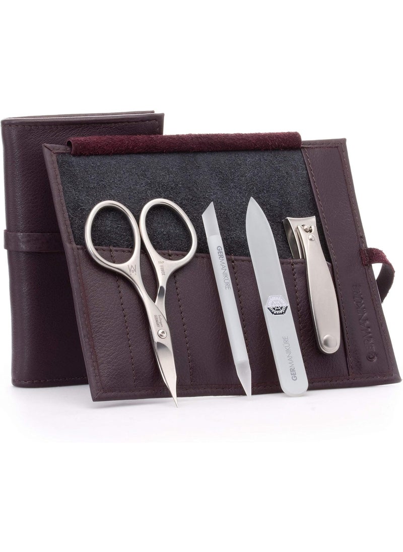 GERMANIKURE 4pc Mini Professional Manicure Set in Purple Leather Case - FINOX Stainless Steel Tools Made in Solingen Germany, Glass Nail Care Supplies Made in Czech Republic
