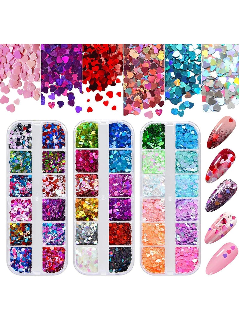 Kalolary 36 Boxes 3D Heart Nail Art Sequins Glitter, Colorful Heart Shaped Nail Glitter Sequins Acrylic Paillettes, Holographic Nail Sparkle Glitter for Valentine's Day