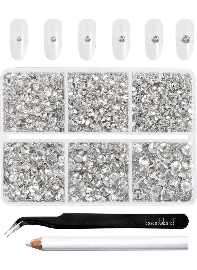 Beadsland 4300pcs Flatback Rhinestones,Clear Rhinestones Nail Gems Round Crystal Rhinestones for Crafts,Mixed 6 Sizes with Picking Tweezers and Wax Pencil Kit, SS6-SS20,Crystal
