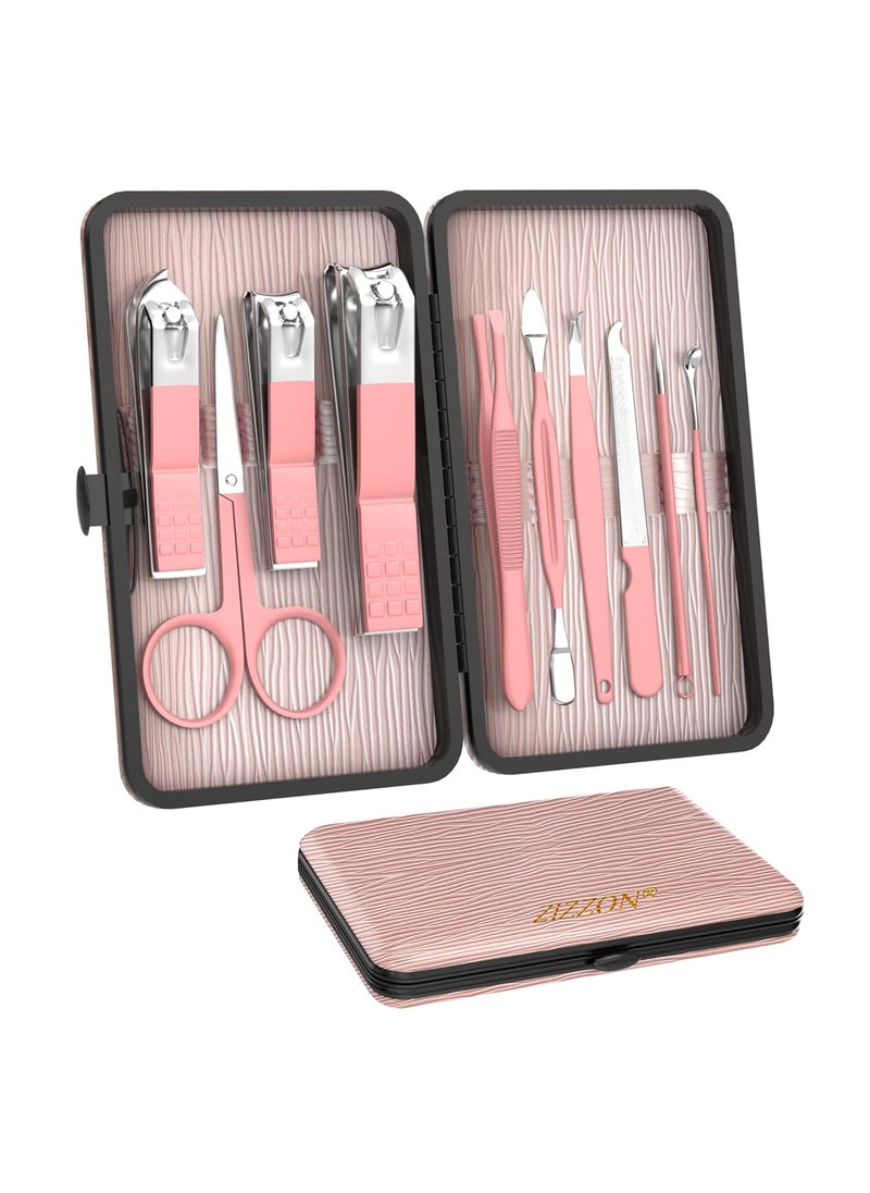 ZIZZON Travel Mini Manicure Set Nail Clipper Set 10 in 1 Stainless Steel Pedicure Care Grooming kit with Case Pink