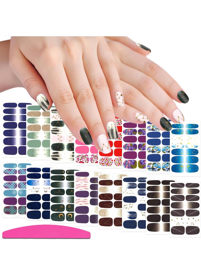SILPECWEE 16 Sheets Nail Wraps Nail Polish Strips for Women Glitter Sequin Star Moon Gold Foil Nail Stickers Self Adhesive Nail Polish Stickers Fingernail Manicure Sticker with 1pc Nail File