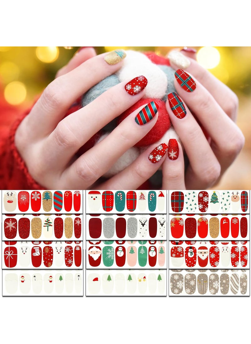 TailaiMei 12 Sheets Christmas Full Wraps Nail Polish Stickers, Self-Adhesive Nail Art Decals Strips with 2Pc Nail File, Glitter Manicure Kits for Nail Art Design