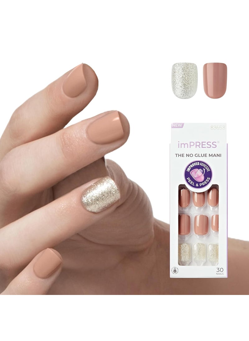 KISS imPRESS No Glue Mani Press On Nails, Design, 'One More Chance', Gold, Short Size, Squoval Shape, Includes 30 Nails, Prep Pad, Instructions Sheet, 1 Manicure Stick, 1 Mini File