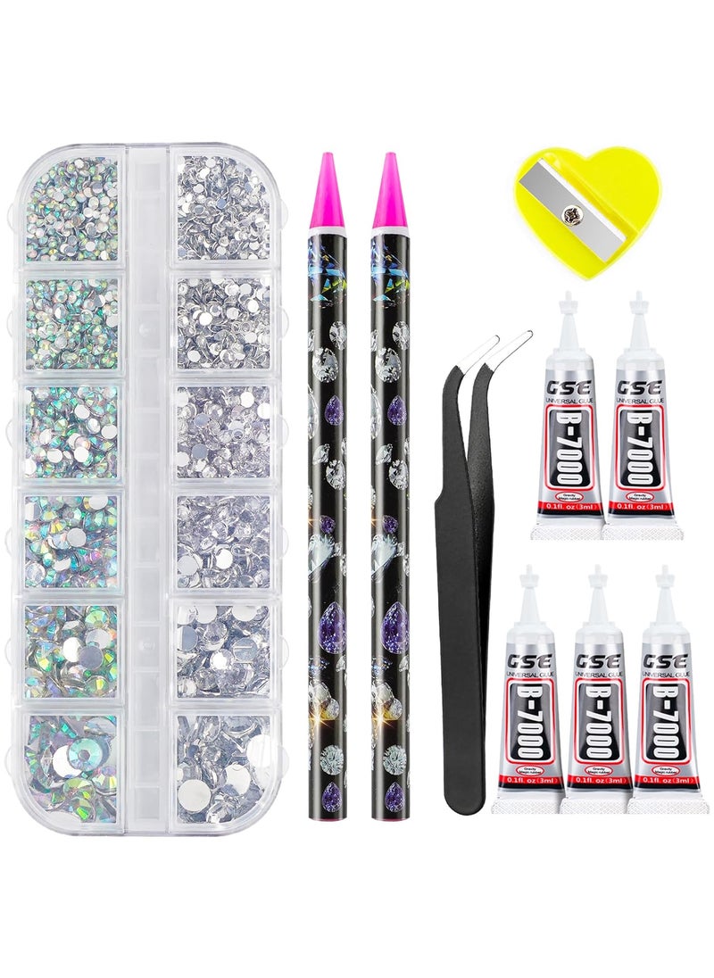 Canvalite Rhinestones 2784PCS in 6 Sizes Flat Back Gems, Crystal AB Art Gems with 5Pcs B7000 Glue, Pick Up Tweezers and Picker Dotting Pen for Nails, Makeup, Stocking Stuffers Gifts for Women