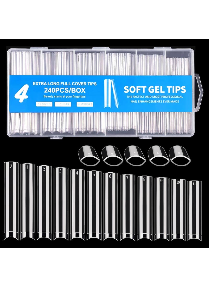 240PCS No C Curve Square Nail Tips, XXXL Half Cover Clear Nail Tips for Acrylic Nails, 3XL Straight Tapered Square Fake Nail Tips Set, 12 Sizes Flattened Acrylic Nail Tips for Nail Salons and DIY