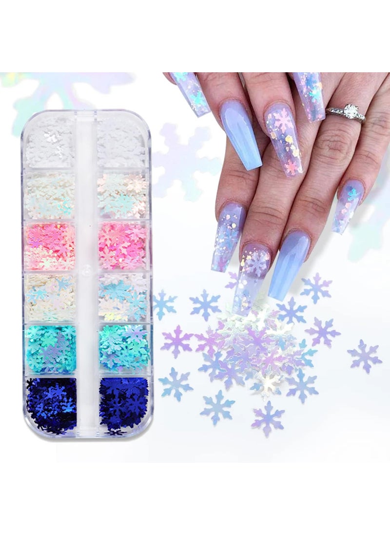 12 Grids 3D Snowflake Nail Art Sequins Winter Christmas Nail Glitter Flakes Laser Nail Sequins Holographic Glitter Designs Snowflake Nail Charms Christmas Nail Stickers for Xmas Party Nail Decorations