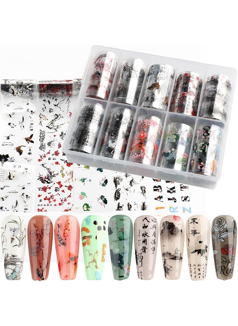 10 Rolls Traditional Chinese Style Nail Foil Transfer Stickers Ink Painting Chinese Characters Pattern Nail Foil Sheets Transfer Foils Stickers Classical Nail Art Decorations Nail Supplies