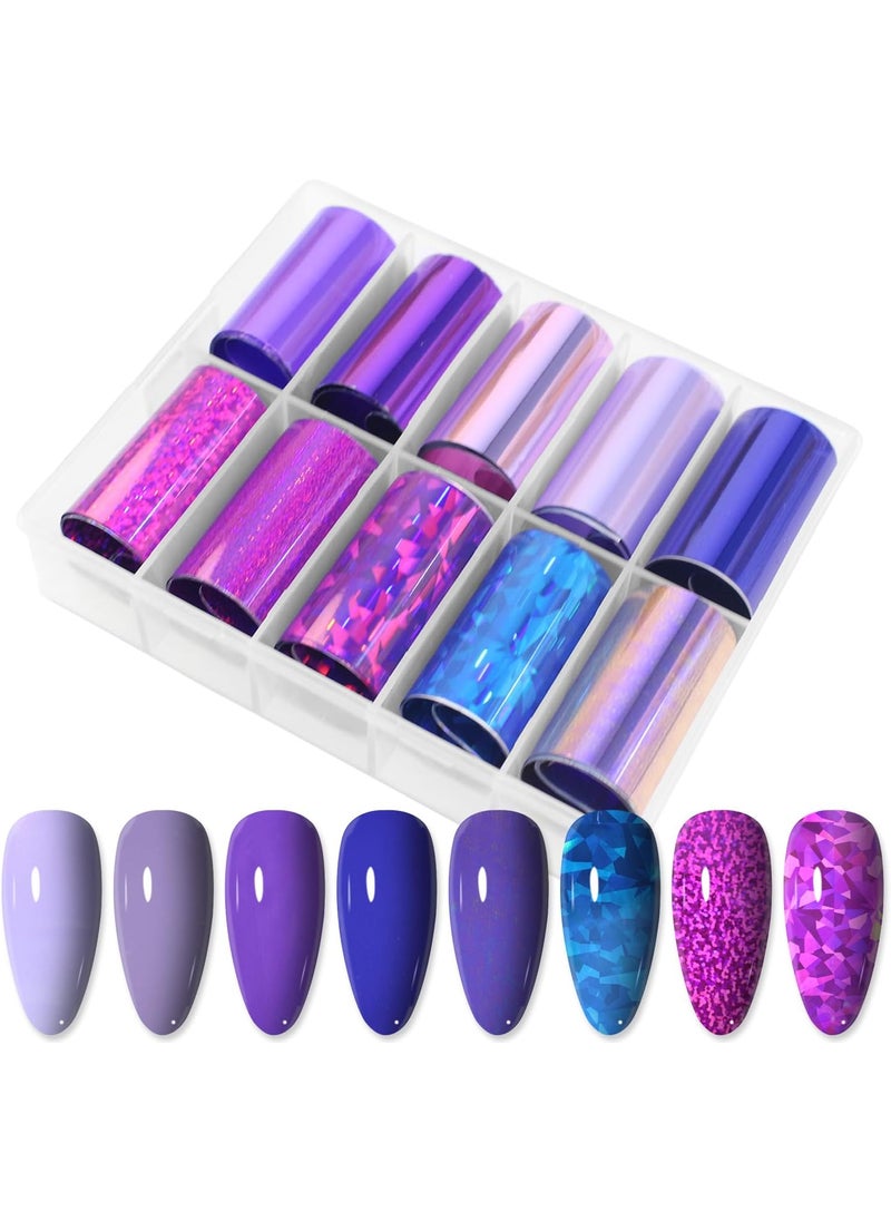 JERCLITY 10 Rolls Purple Nail Foil Transfer Sticker Kit Nail Foil Sheets Purple Solid Color Foil Nail Art Decals Nail Foil Transfer Stickers Foil Nail Wraps for Foil Nail Art