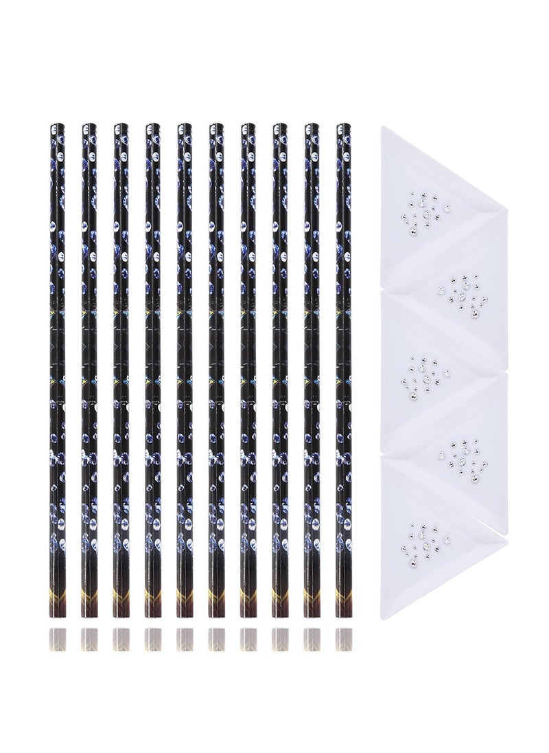JERCLITY 10 Pieces White Refill Rhinestone Picker Pencil Set Self Adhesive Nail Dotting Wax Pen with 5 Piece Triangular Beads Sorting Tray for Nail Art DIY Decoration