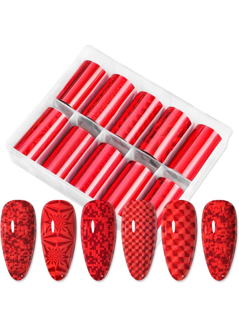 JERCLITY 10 Rolls Red Nail Foil Transfer Sticker Kit Nail Foil Sheets Red Solid Color Foil Nail Art Decals Nail Foil Transfer Stickers Foil Nail Wraps for Foil Nail Art