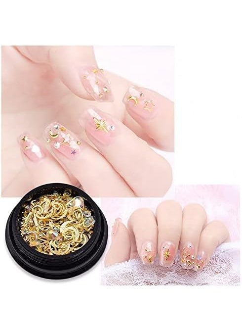 3D Gold Nail Studs Gold Nail Rivets Gems Nails Art Decoration Sparkle Rhinestones Hollow Moon Star Shaped Artificial Pearls Metal Rivets Charms DIY Nail Tips 9 Boxes