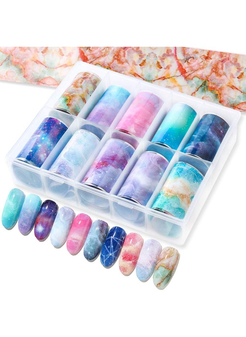 SILPECWEE 10 Rolls Holographic Foil Nail Art Wraps Stickers Strips Set Starry Sky Aurora Full Wraps Nail Transfer Decals Manicure Accessories (1.57inches×39.4inches)