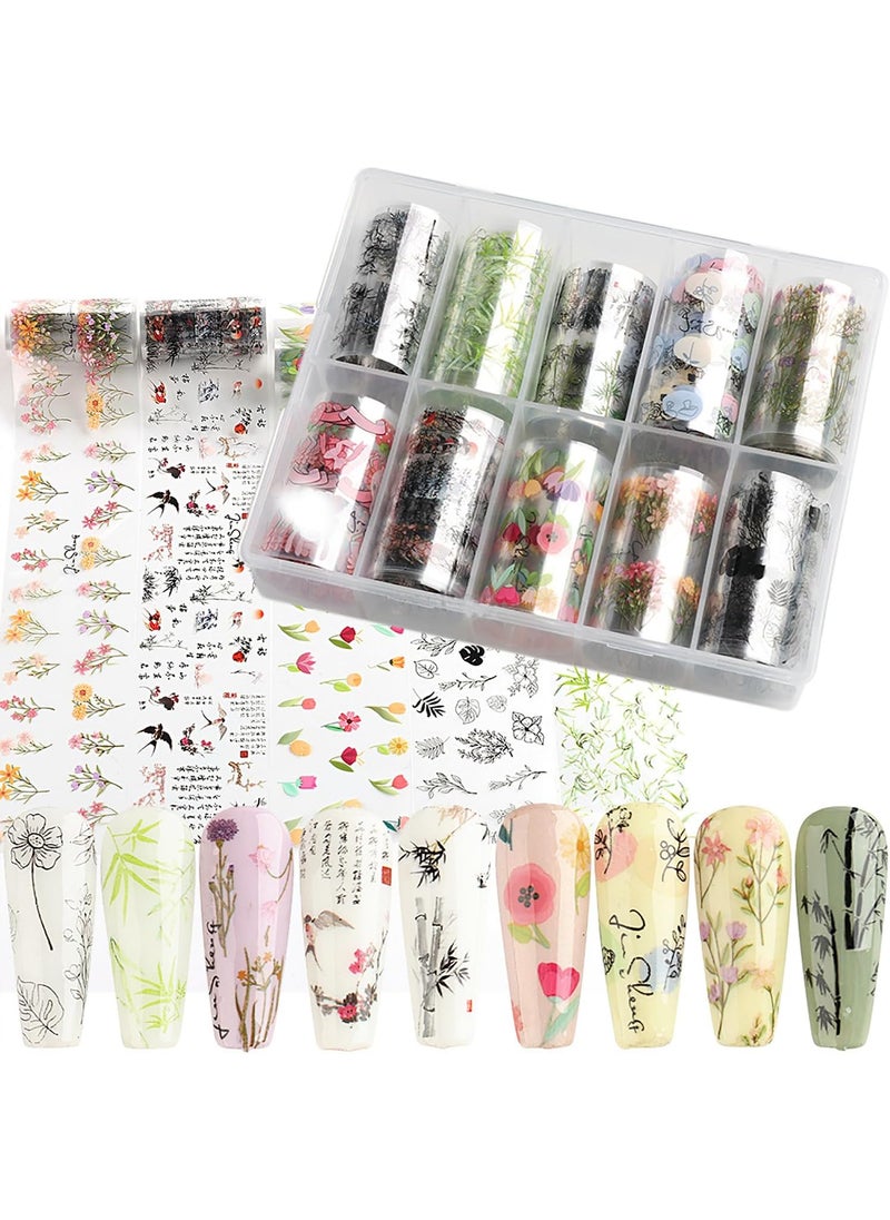 JERCLITY 10 Rolls Flower Nail Foil Transfer Sticker Kit Bamboo Ink Painting Pattern Nail Foil Sheets Foil Nail Art Decals Spring Nail Foil Transfer Stickers Foil Nail Wraps for Foil Nail Art