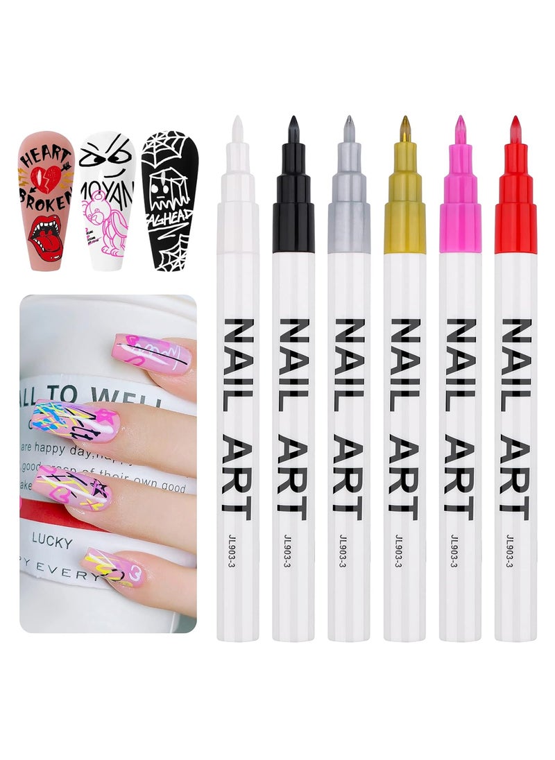 6 Color 3D Nail Art Pens Set, Kalolary Nail Point Graffiti Dotting Pen Drawing Painting Liner Brush for DIY Nail Art Beauty Adorn Manicure Tools (A)