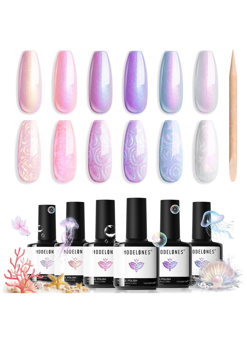 Modelones Gel Nail Polish, 6 Colors Shimmer Pearl White Pink Purple Mermaid Nail Drawing Glitter Gel Polish with Dotting Pen Soak Off Led Nail Gel Polish Swirl Shell Thread Effect Easter DIY Mani Gift