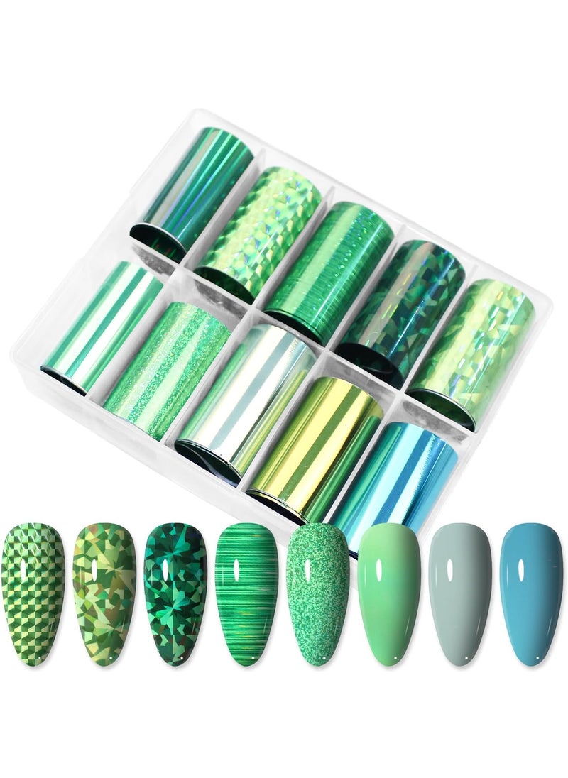 JERCLITY 10 Rolls Green Nail Foil Transfer Sticker Kit St. Patrick's Day Nail Foil Sheets Green Solid Color Foil Nail Art Decals Nail Foil Transfer Stickers Foil Nail Wraps for Foil Nail Art