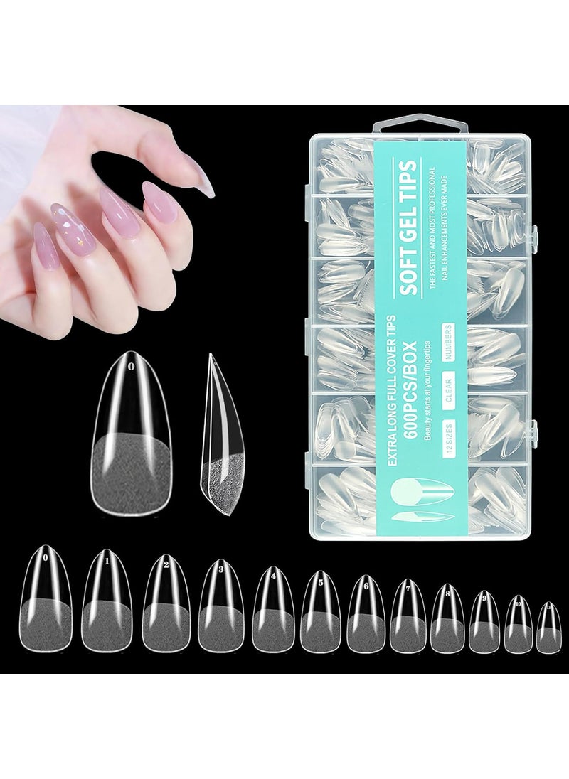600pcs Almond Nail Tips, Medium Almond Press on Nails Full Cover Clear Almond Gel X Nail Tips, Pre-shaped Half Matte Acrylic Almond Fake Nails for Nail Extension Nail Salon and Home DIY 12 Sizes