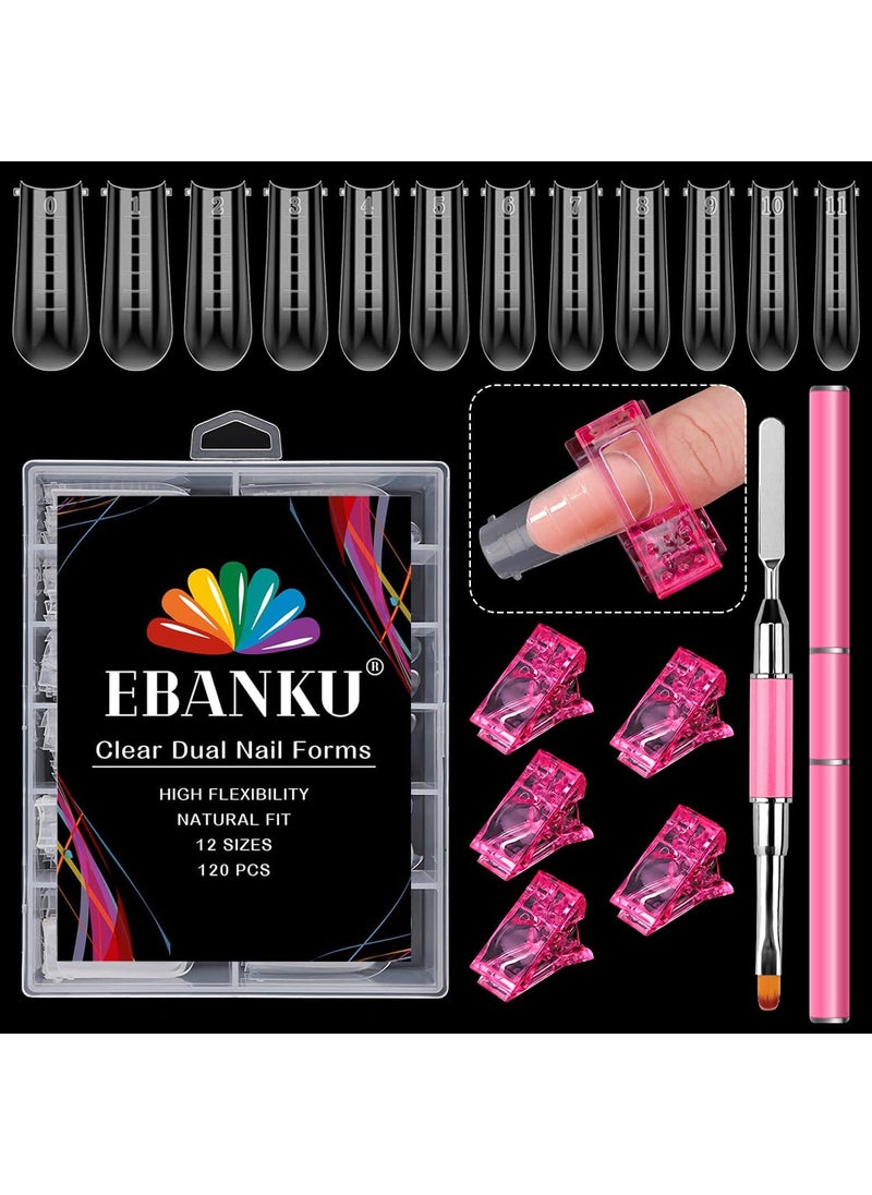 EBANKU Dual Nail Forms Set with 120 Piece Dual Nail Forms Poly gel Coffin Nail Mold, 1Pcs Pink Poly gel Dual-Ended Nails Brush, 5Pcs Pink Dual Form Nail Clips for Acrylic Nails Extension