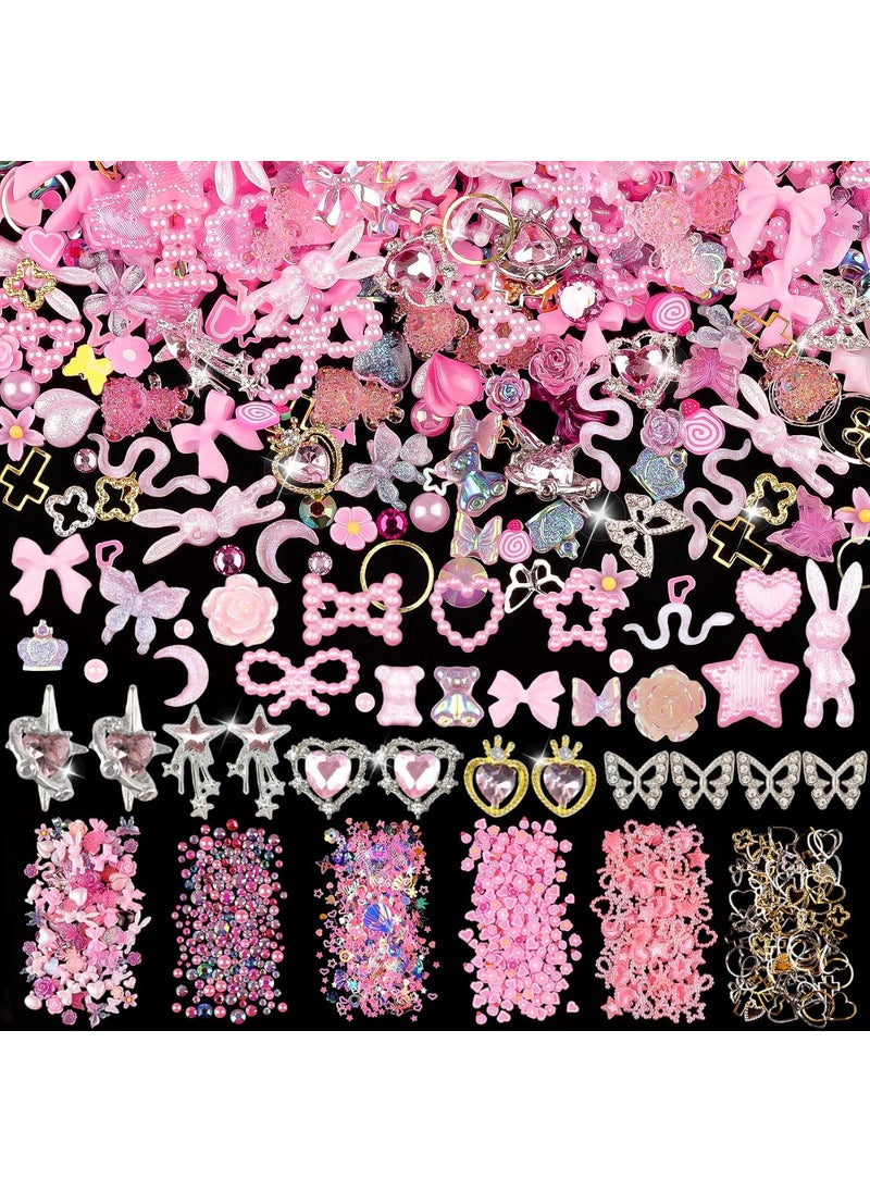 620pcs Mixed 3D Nail Charms Kit, 12pcs Luxury Metal Nail Rhinestones and 250pcs Resin Butterfly Flower Star Heart Bow Charms with 400pcs Flatback Pearls Rhinestone Metal Gems Charms (Pink)