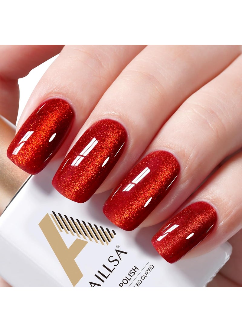 AILLSA Red Cat Eye Gel Polish Burgundy Glitter Crystal Gel Nail Polish with Magnet, Blood Shimmer Translucent Gel Polish Reflective Holographic Jelly Color U V Nails DIY at Home 0.5 OZ GF21