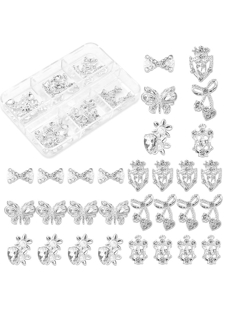DANNEASY 30pcs 3D Nail Charms Silver Charms for Nails Alloy Nail Jewels Butterfly Bow Design 3D Nail Art Charms Nail Rhinestones Diamond Nail Decoration for Acrylic Nail Art Accessories