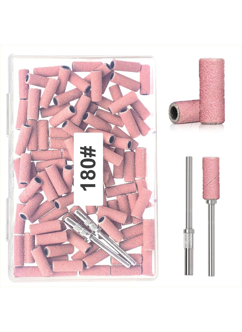 100pcs 180 Grit Small Sanding Bands for Nail Drill with 2pcs 3/32’’ Upgrade Mandrels Bits, Mini Sanding Bands for Nail Drill for Manicure Nail Salon and Nail Enthusiasts Use, Pink