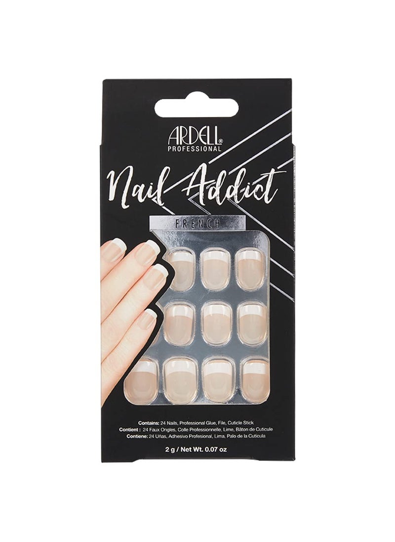 Ardell Nail Addict Press On Nails Artificial Nail Kit - Classic French Tips, Reusable Acrylic Fake Nails, 24 Nails