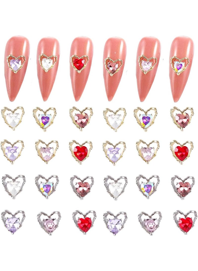 24Pcs 3D Heart Nail Art Charms for Nails, Red Heart Nail Rhinestone Jewels Love Crystal Diamond Alloy Nail Gems for Women Girls Valentine's Day Acrylic Nail Decorations, DIY Craft (Gold Silver)
