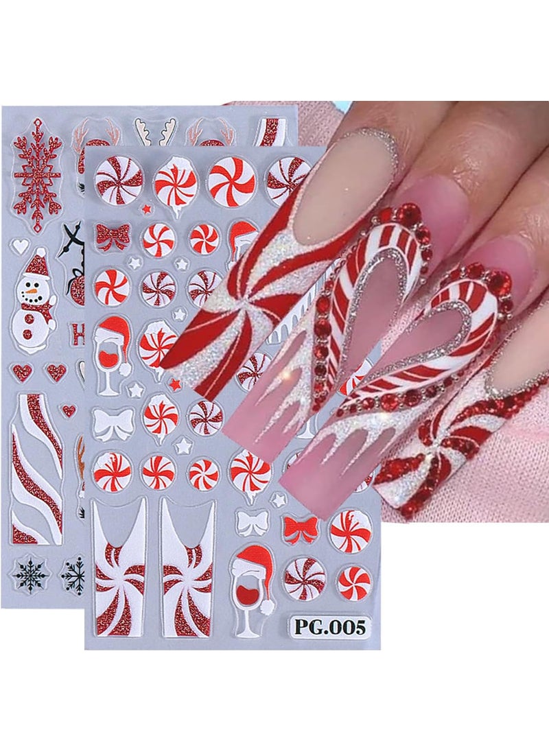 Christmas Nail Art Stickers Red Glitter Elk Candy Christmas Nail Stickers 3PCS Candy Cane Snowman Snowflake HO HO 5D Embossed Xmas Nail Decals Holiday Nail Stickers for Women DIY Nail Art Decorations