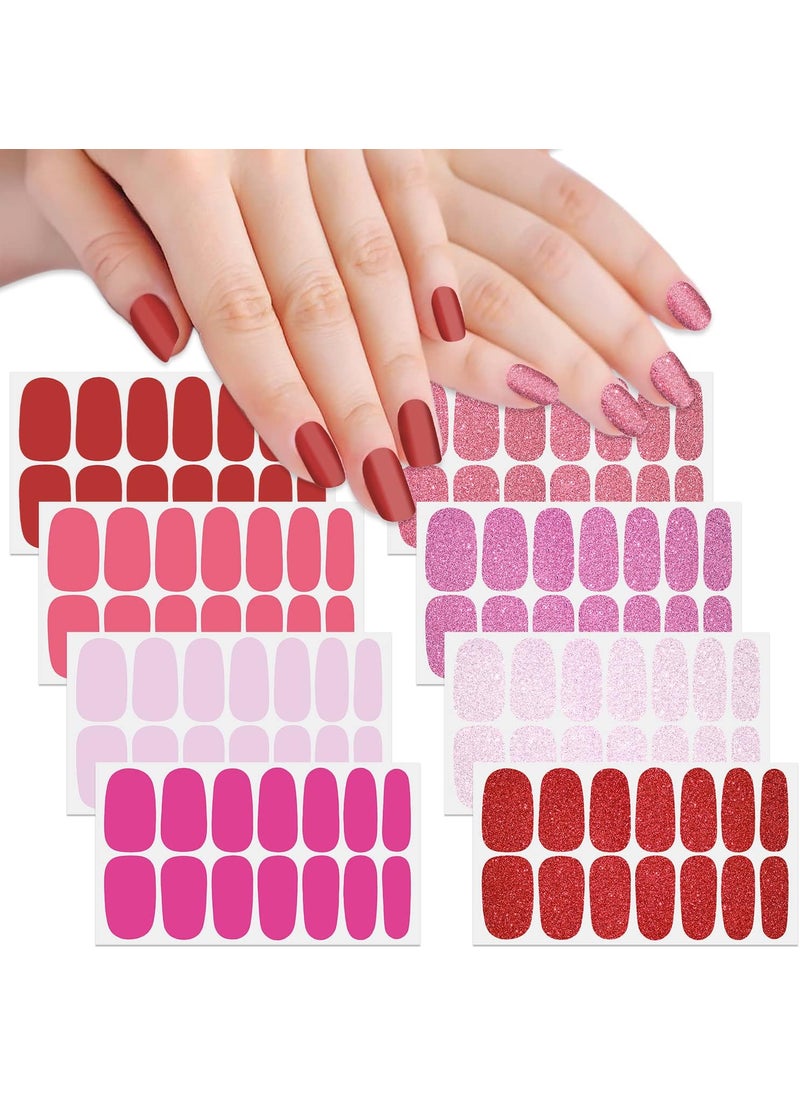 SILPECWEE 8 Sheets Pink Red Nail Wraps for Women Glitter Solid Color Nail Polish Strips Self Adhesive Nail Polish Stickers Gel Nail Strips Fingernails Nails for Nail Art with 1pc Nail File