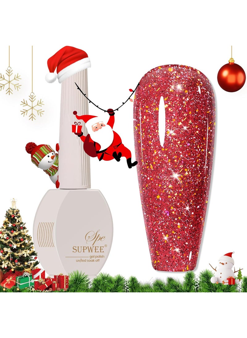 Red Reflective Glitter Gel Nail Polish Sparkle Shimmer Nail Gel Polish Flash Light Effects 15ml Soak Off UV Lamp Gel for Home DIY Manicure