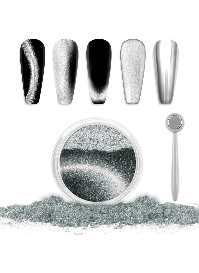 Laza Cat Eye Chrome Nail Powder Chameleon Magnetic Powder 9D Cat Eye Effect Mirror Effect Pigment Dust Magic Galaxy Holographic Effect Glitter with Magnetic Stick for Velvet Nail Art - Silver Velvet