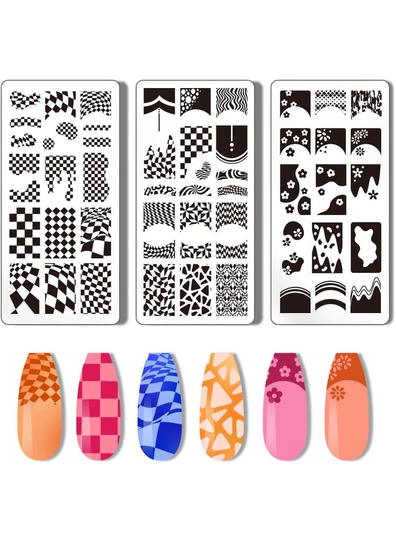 PH PandaHall 3pcs French Nail Stamper Tartan Nail Stamping Plate French Tip Nail Art Stencils Plaid Wave Print Nail Stencils Stainless Steel Nail Image Plates for Nail Design Print Manicure Salon