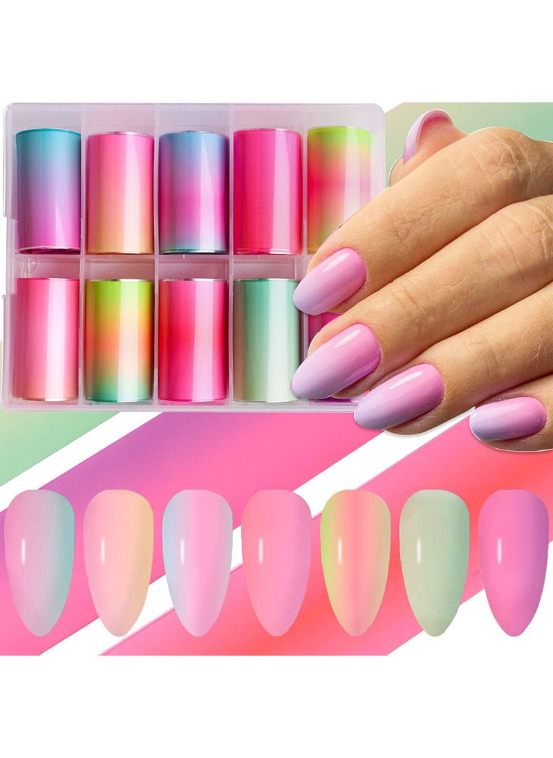 JERCLITY 10 Rolls Fluorescent Candy Gradient Color Foil Nail Art Kit Colorful Neon Transfer Foil for Nails Designer Nail Art Foil Transfer Wraps for Acrylic Nails