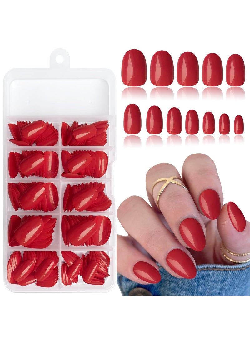 Short Press on Nails Almond Fake Nails, 240 Round Almond Press on Nail Short Full Cover Acrylic Presson Nail Tips Red Artificial False Fingernails & Nail Glue Adhesive Tabs for Women Kids