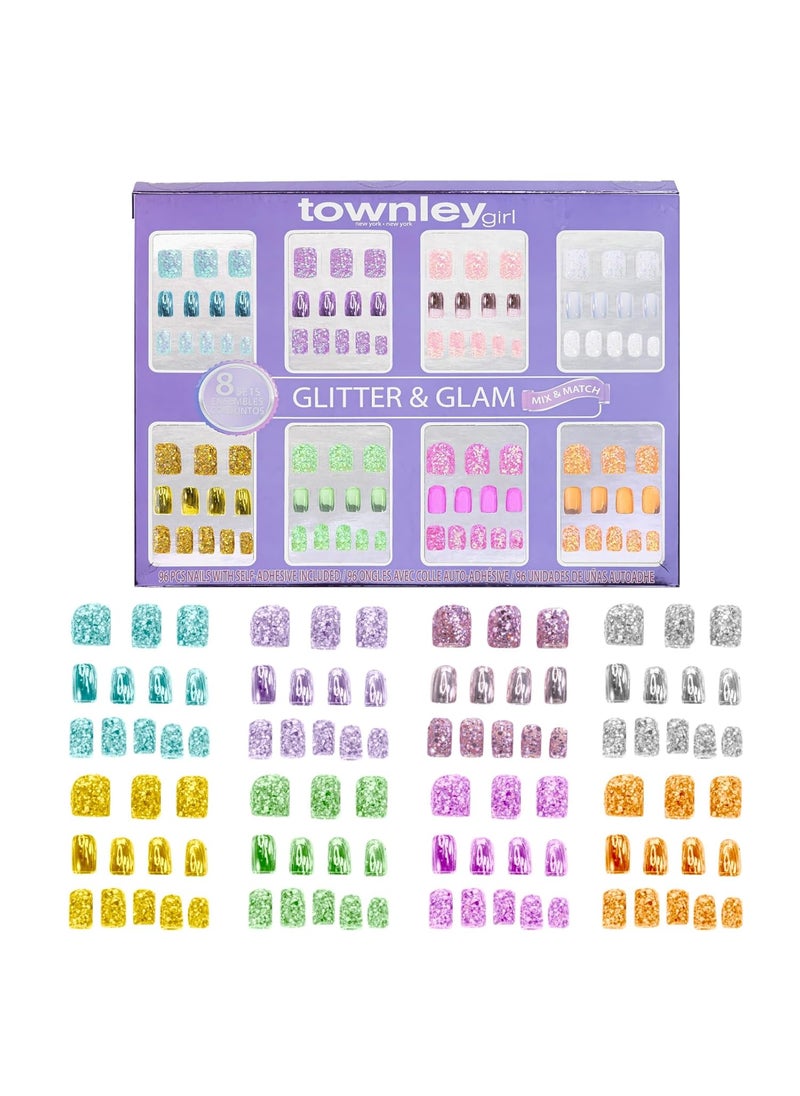 Townley Girl 96 PC Press- On Nails Set, Glitter and Glam, False Nails Set for Tweens with Pre-Glue Full Cover Acrylic Nail Tip Kit, Great for Gifts, Parties, Sleepovers and Makeovers