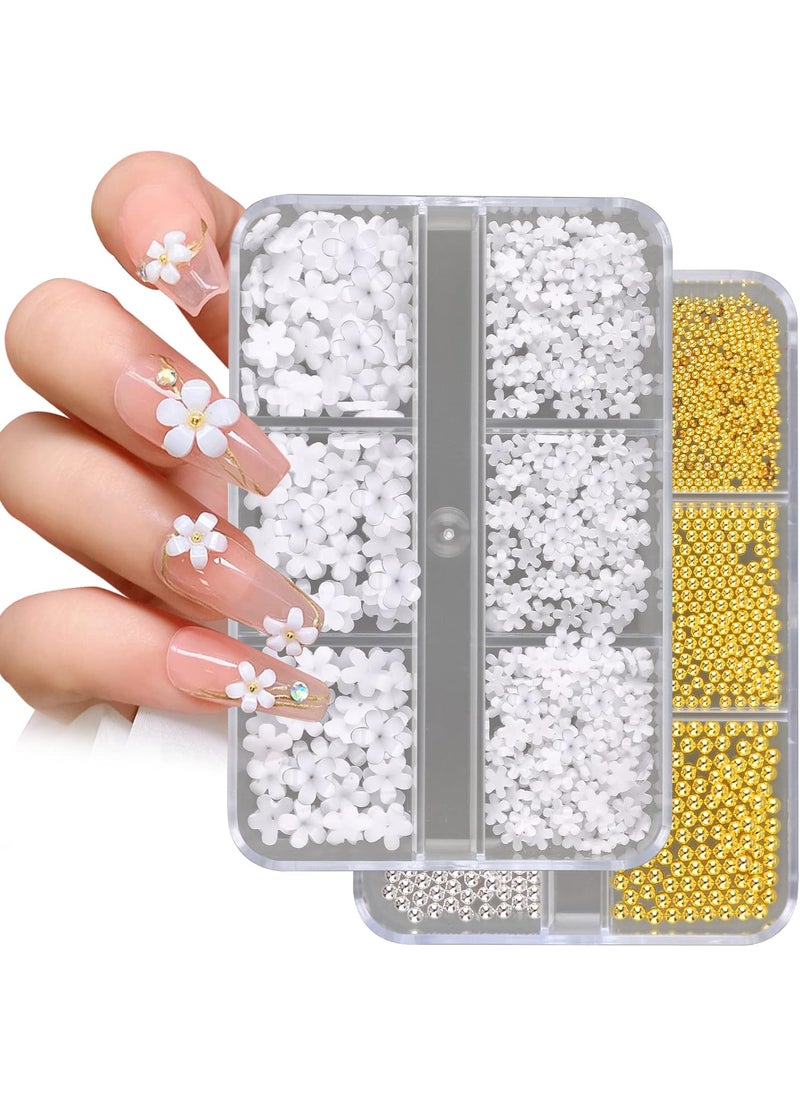 TOROKOM 3D Flower Nail Art Charms, White Acrylic Flower Rhinestones Metal Caviar Beads Nail Supplies Decorations for Women Girls Nail DIY