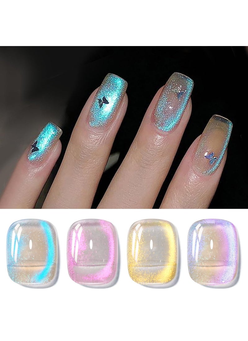Born Pretty Cat Magnetic Eye Gel Nail Polish, Blue Tears Auroras Gel Polish, Blue Pink Yellow Purple Glassy Glitter Holographic Gel Nail Polish for Nail Art Manicure Salon DIY 4PCS 5ML