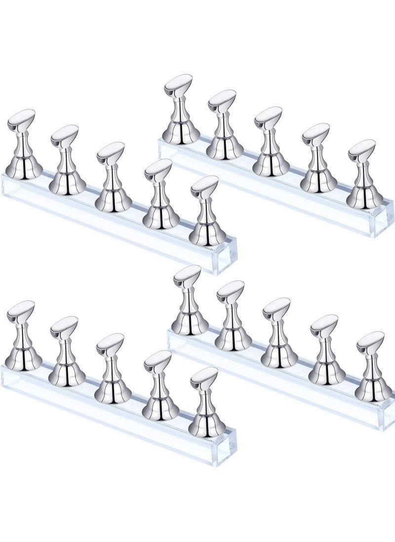 4 Sets Acrylic Nail Display Stand Nail Holder Magnetic Nail Practice Stand Fingernail DIY Nail Design Stand for False Nail Manicure Tool (Silver)