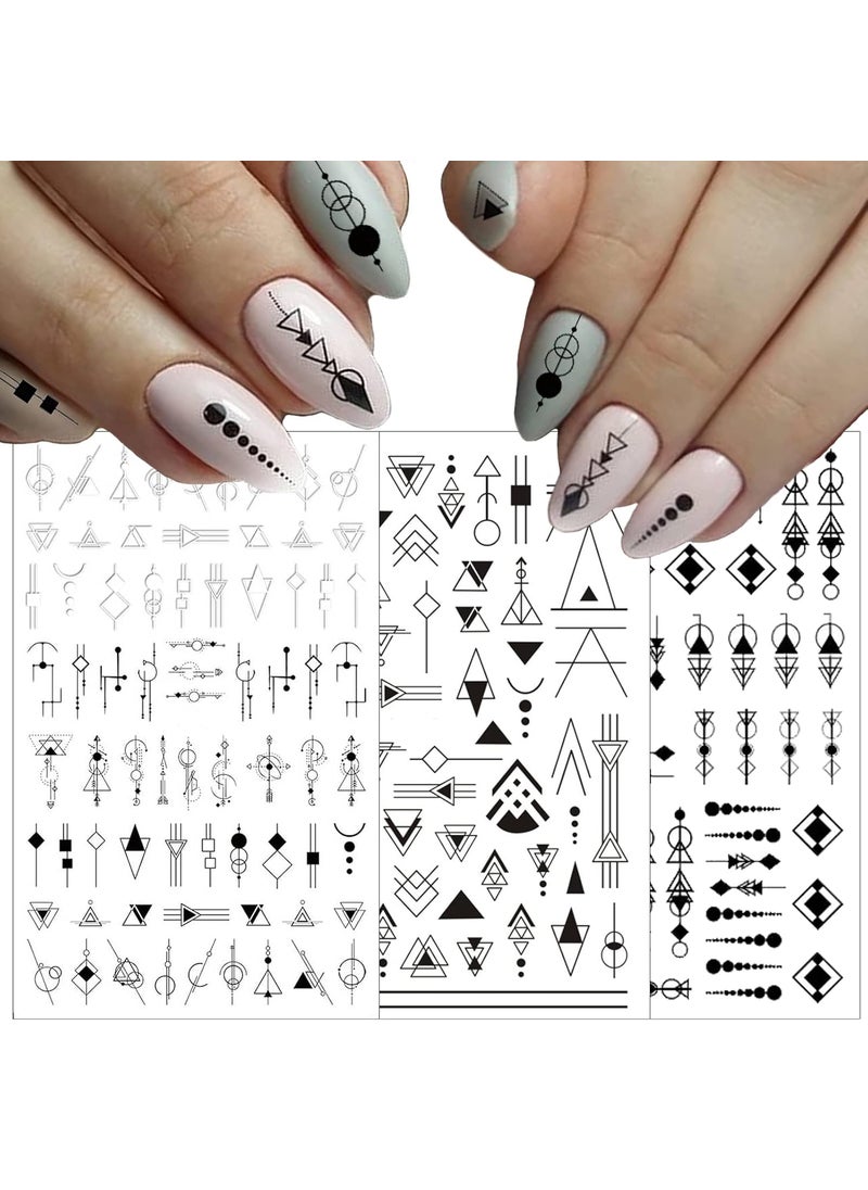 10 Sheets Black White Geometric Nail Art Stickers Decals 3D Self-Adhesive DIY Geometry Triangular Rhombus Minimalist Design Acrylic Nails Supplies Manicure Decorations Tip for Women Men